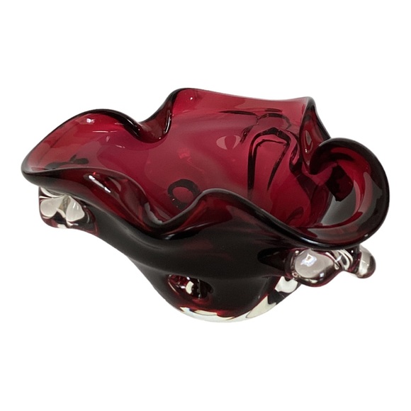 Murano Style Hand Blown Art Glass Ruffled Edge Bowl Burgundy Vintage EUC - Picture 3 of 10